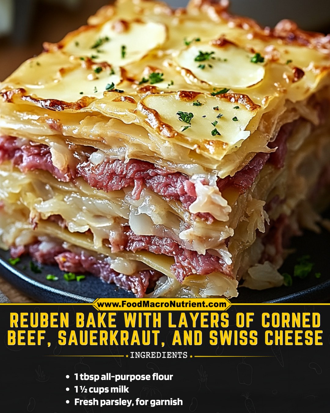 Reuben Bake with Layers of Corned Beef, Sauerkraut, and Swiss Cheese