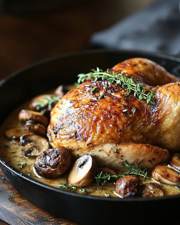 Creamy Garlic Herb Roasted Chicken with Mushrooms!