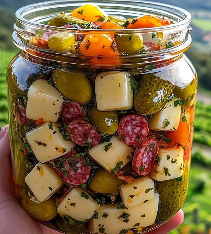 Easy Marinated Cheese Appetizer with Salami & Pickles