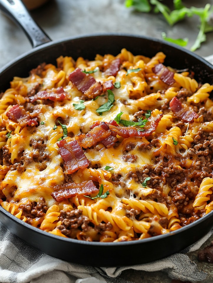 One-Pan Smoky BBQ Bacon Cheeseburger Pasta Bake