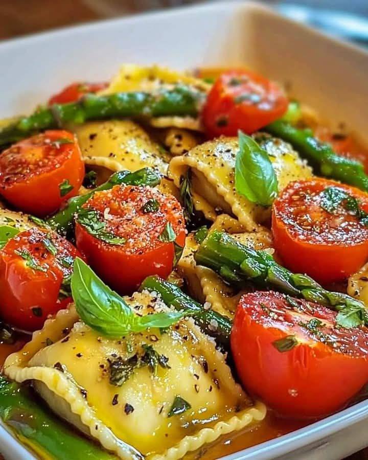 Ravioli with Tomatoes, Asparagus, Garlic, and Herbs