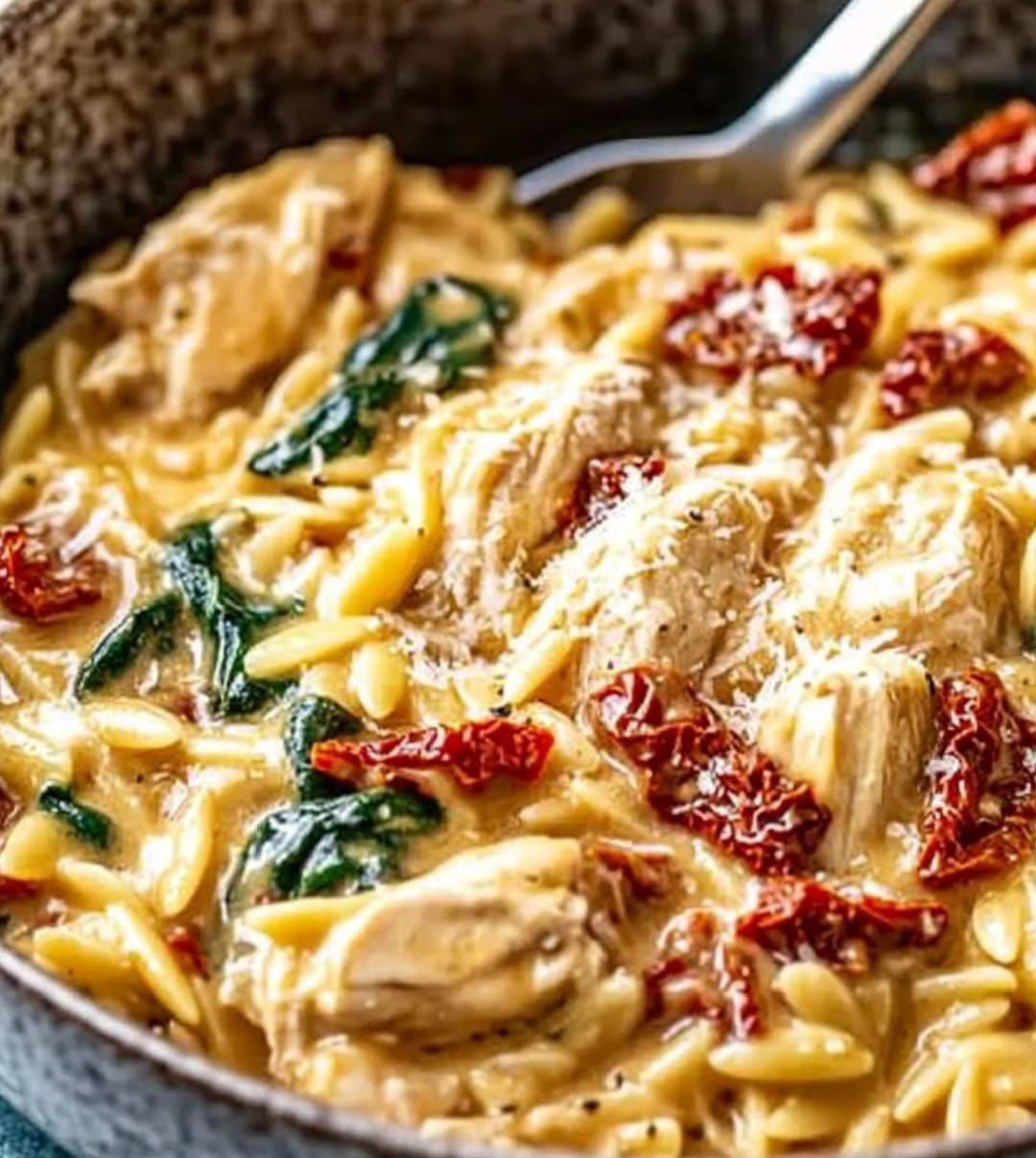 Slow cooker creamy Tuscan chicken orzo
