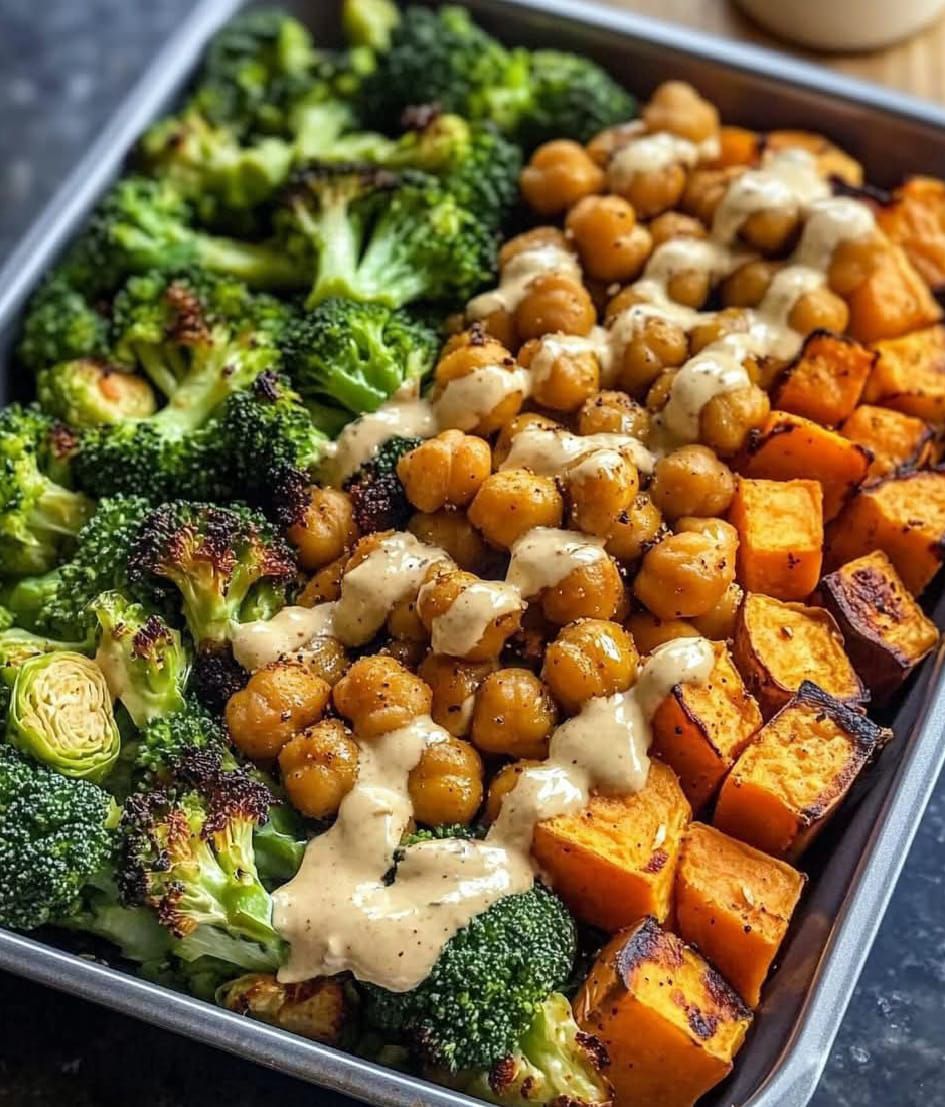 Roasted vegetable chick pea bowl with tahini dressing