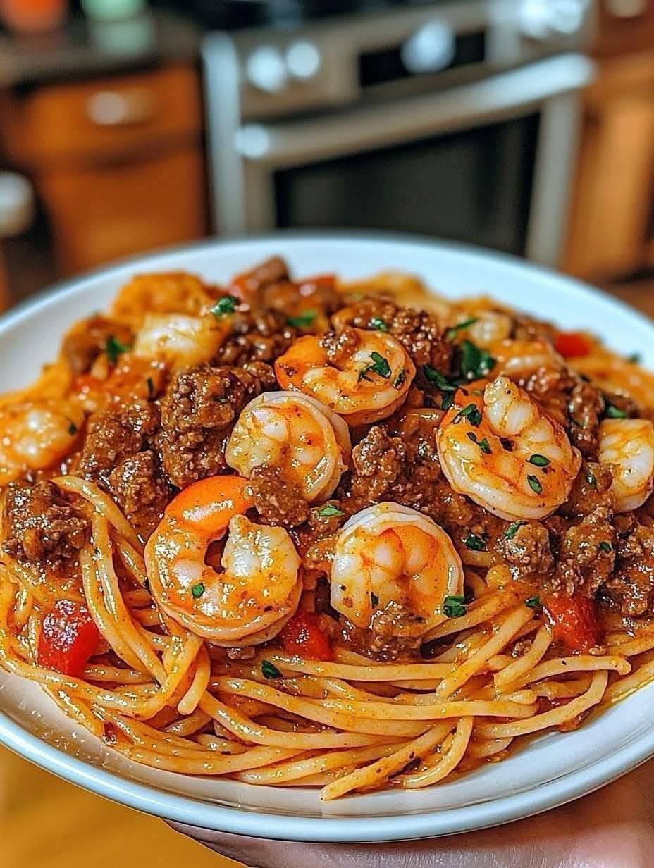 **Creamy Beef and Shrimp Spaghetti in Cajun Sauce**