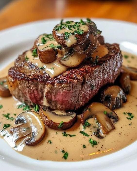 RIBEYE STEAK WITH FRENCH ONIONS & MUSHROOMS