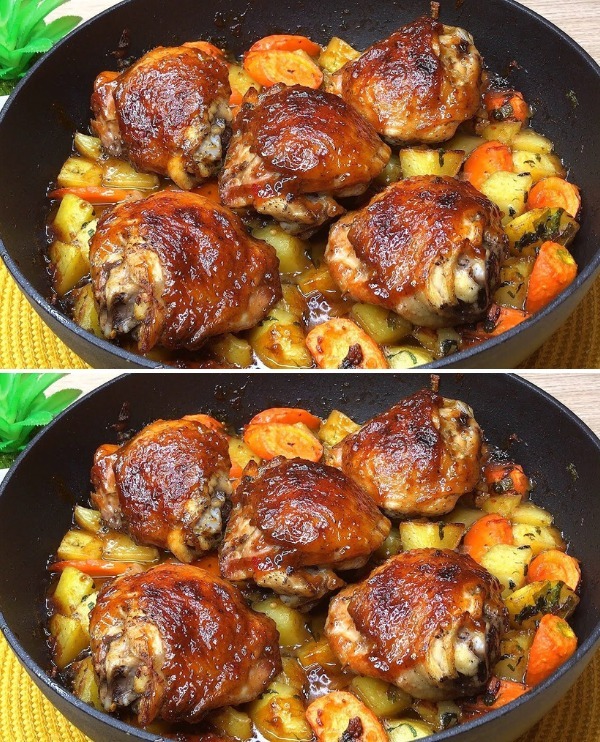 Chicken thighs cooked in the oven with a sweet garlic and honey glaze.