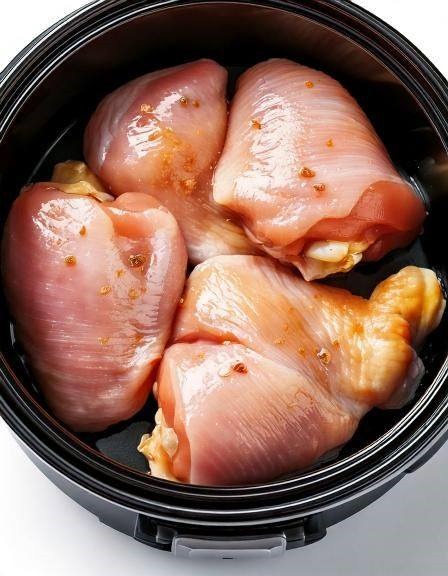 Put raw chicken thighs in a slow cooker with these 3 ingredients. The result is tender, sweet, and savory perfection..