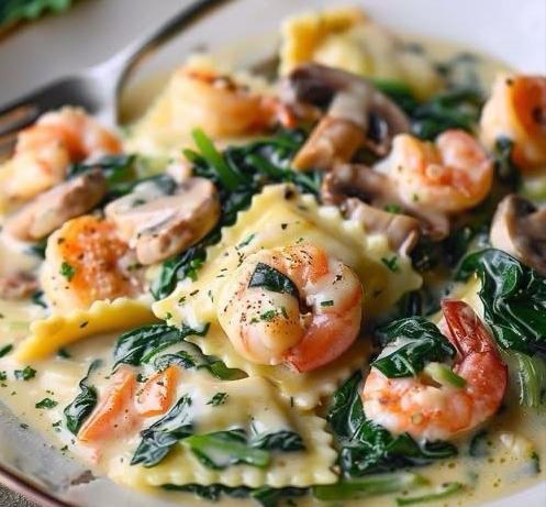 Creamy Garlic Shrimp & Spinach Ravioli