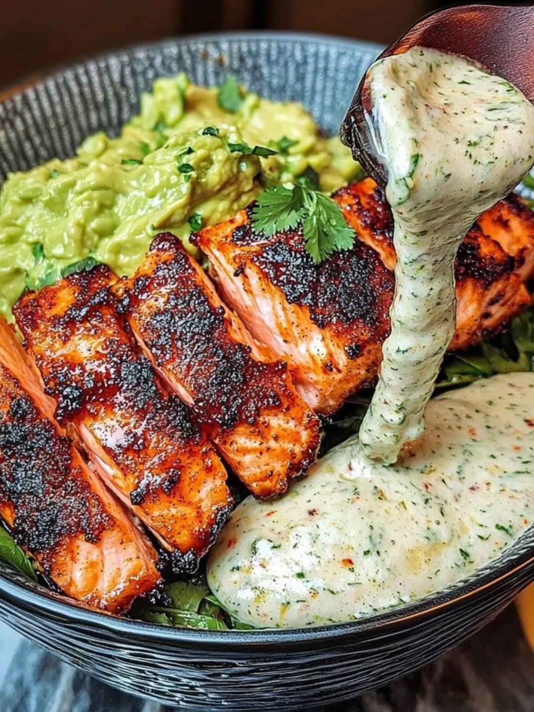 Spicy Blackened Salmon Bowl with Avocado and Cilantro Sauce