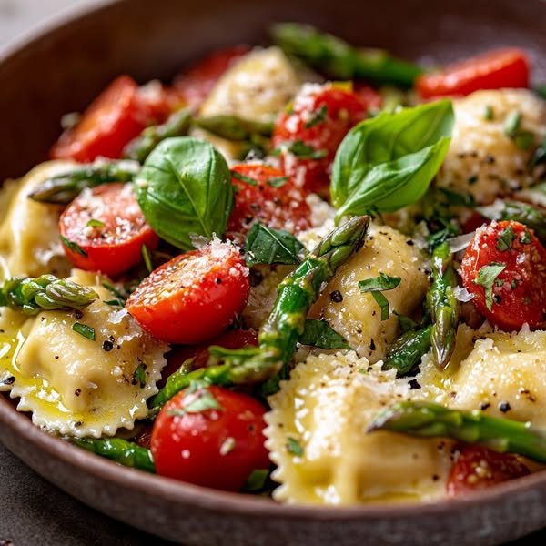 Herb-Infused Ravioli Delight with Tomato and Asparagus