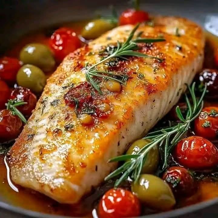 Pan-Seared Fish with Roasted Cherry Tomatoes, Green Olives & Herbs