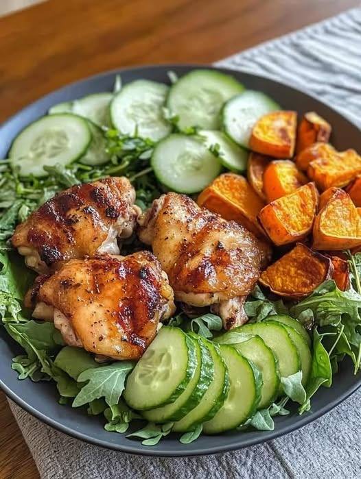 Honey Garlic Chicken with Roasted Sweet Potatoes & Fresh Greens