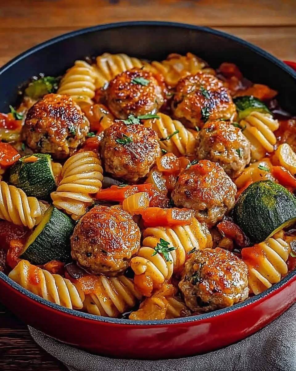 This recipe for pasta with meatballs and vegetables in sauce