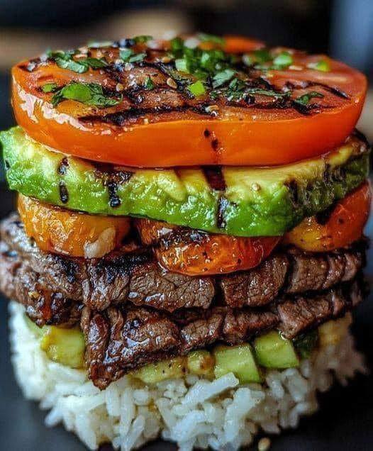 Grilled Beef Tomato Avocado Rice Stack