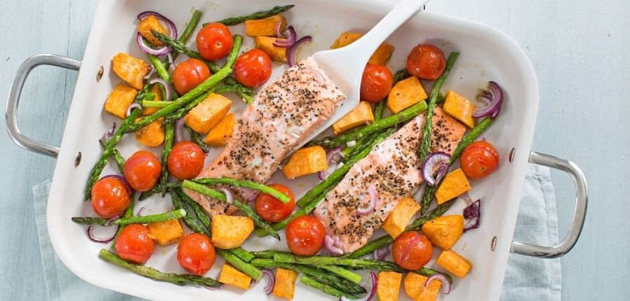Baked salmon with sweet potato