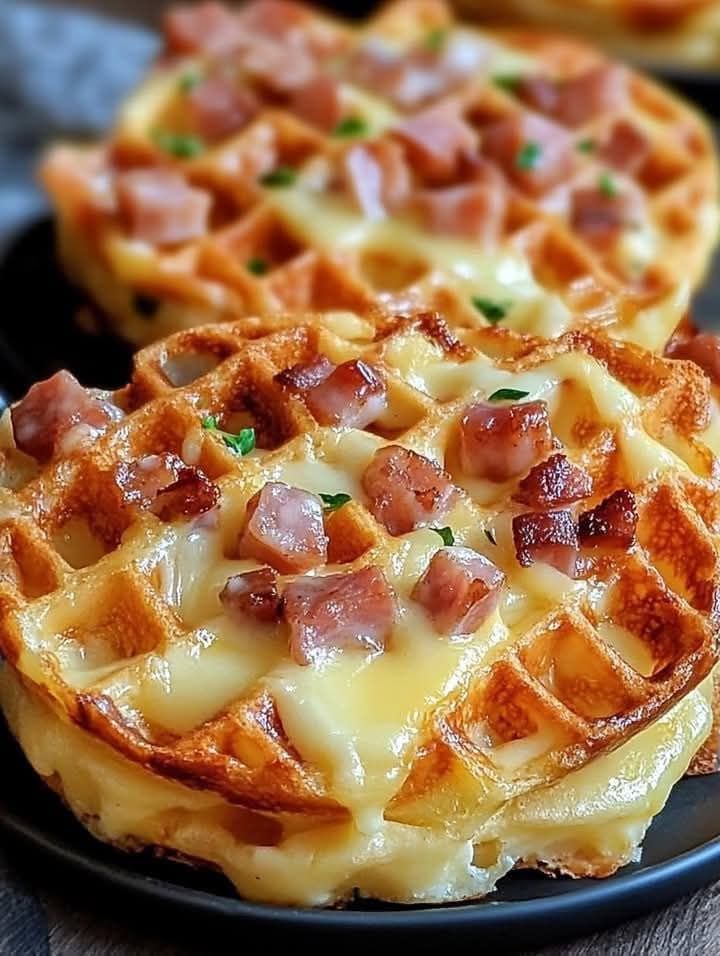 🧇 Crispy Ham and Cheese Waffles 🧀🥓