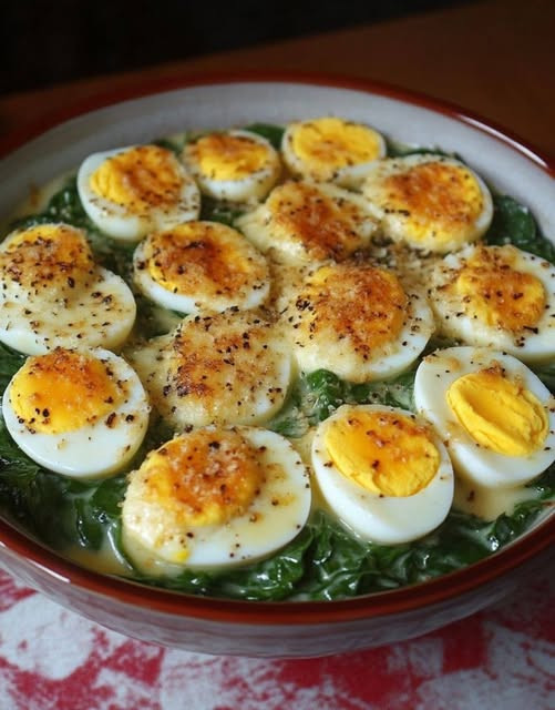 Spinach and boiled eggs with béchamel