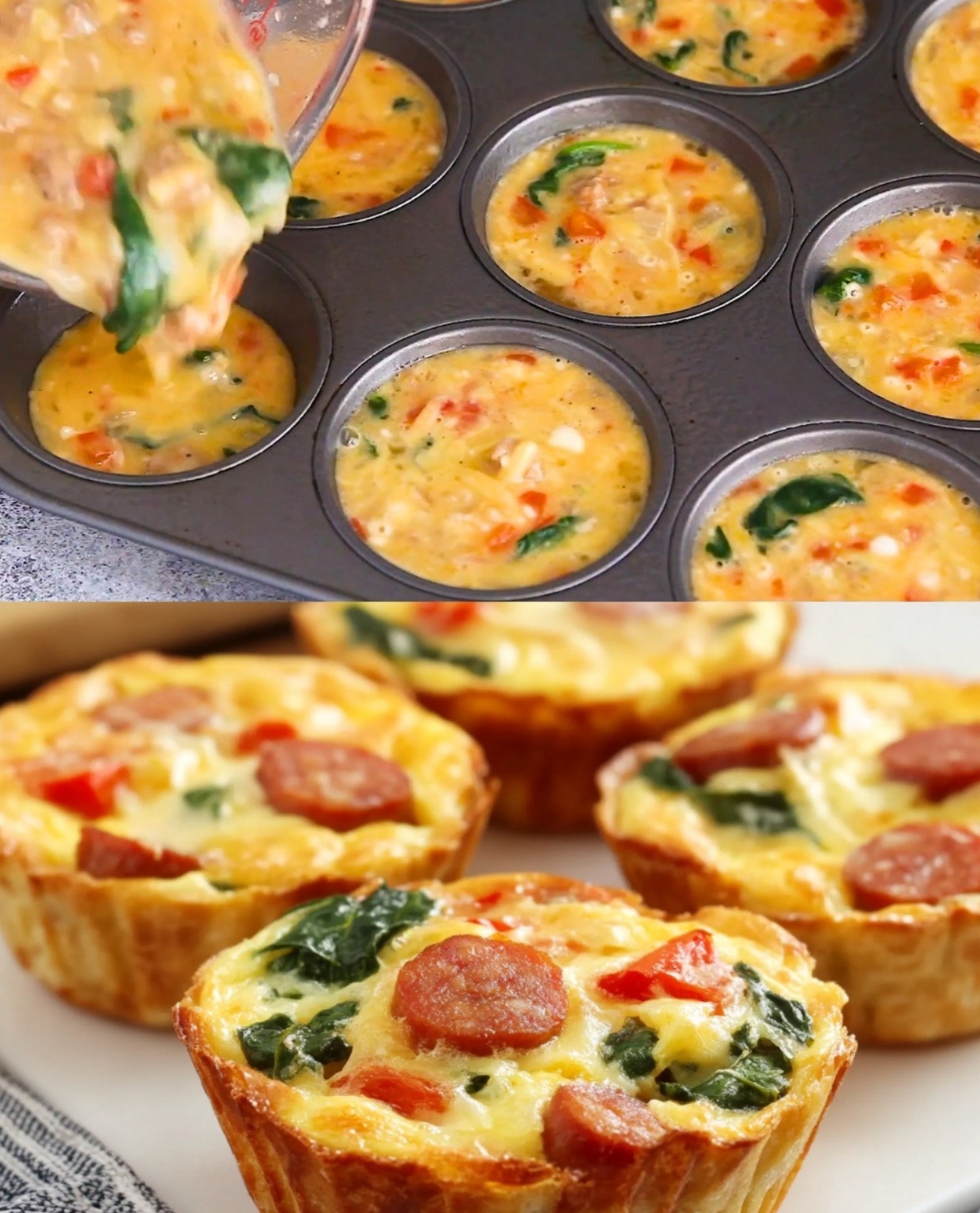 Mini Quiche Recipe -Sausage, Spinach, and Bell Pepper Mini Quiches  Ingredients  Ground Sausage: 200 g (7 oz) Spinach: 1 cup (60 g), chopped Bell Pepper: 1 medium, finely diced  Recipe in comments ⬇
