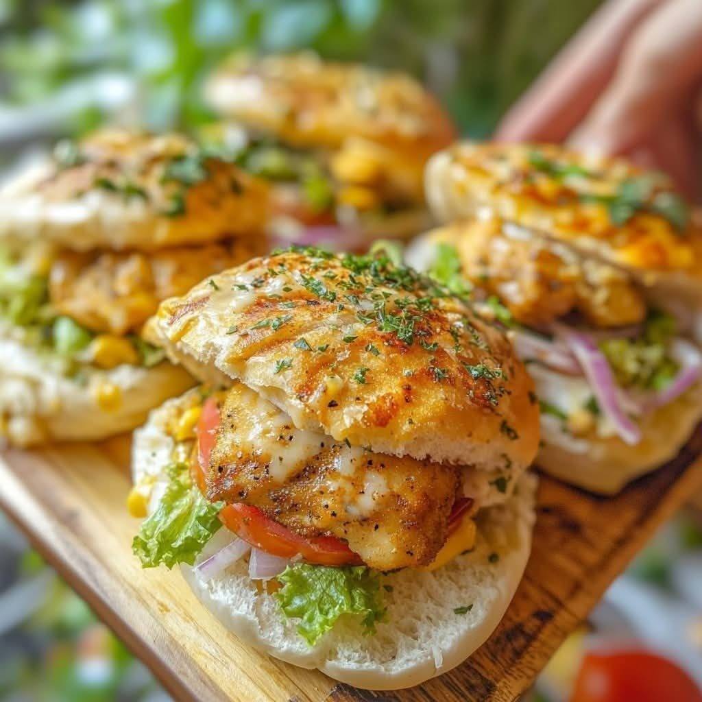 Homemade fluffy garlic buns with spicy chicken and fresh toppings