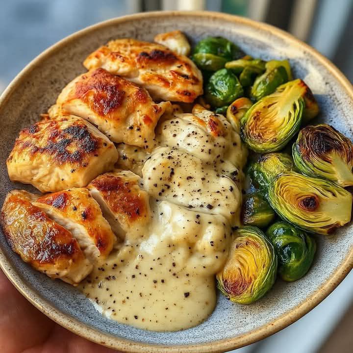 Mediterranean Creamy Garlic Chicken & Brussels Sprouts Plate Ingredients: