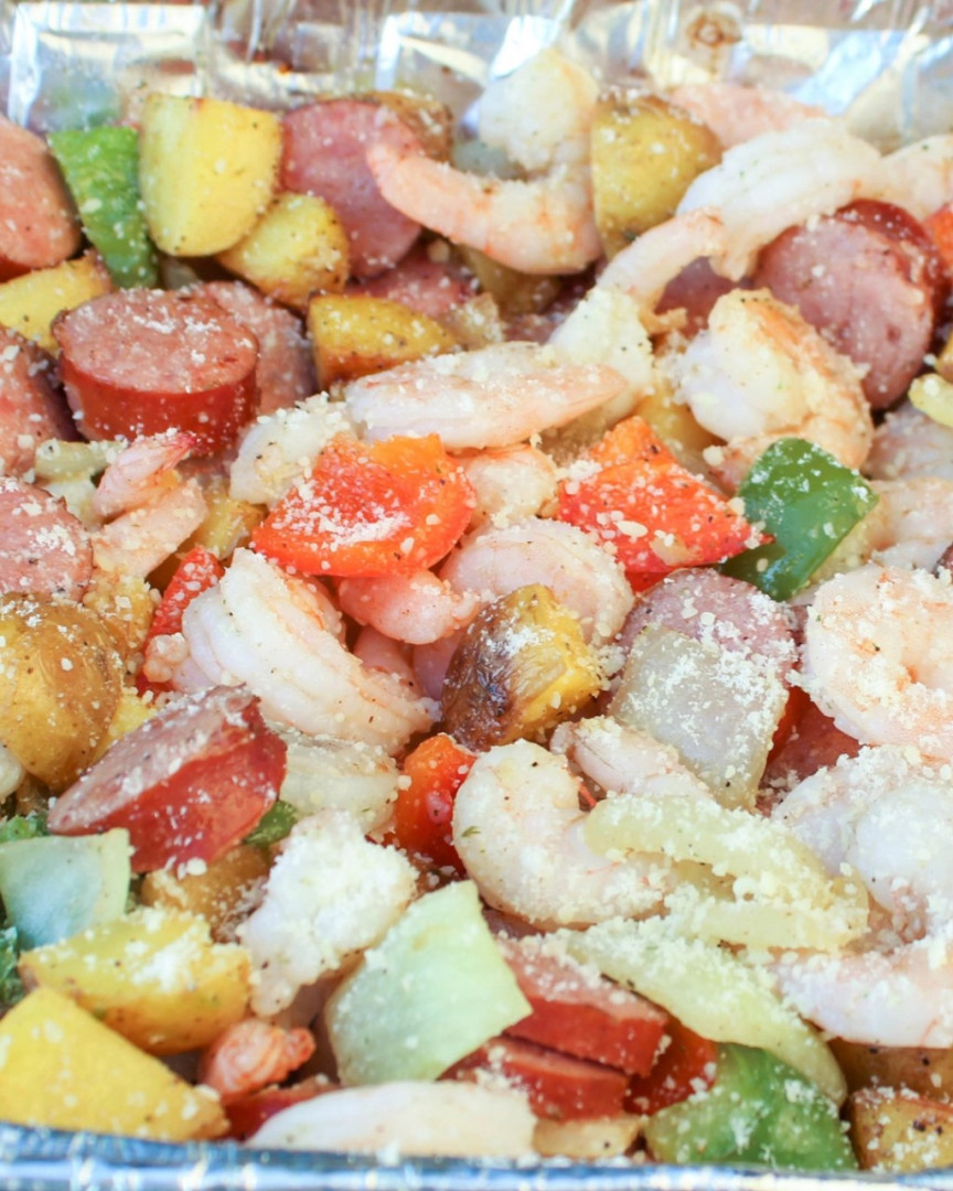Grilled Shrimp and Sausage with Peppers and Onions