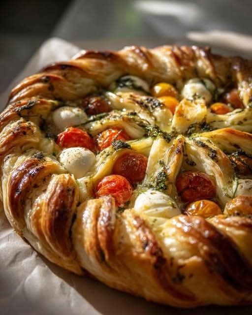 SUN TART WITH CHERRY TOMATO, PESTO AND MOZZARELLA