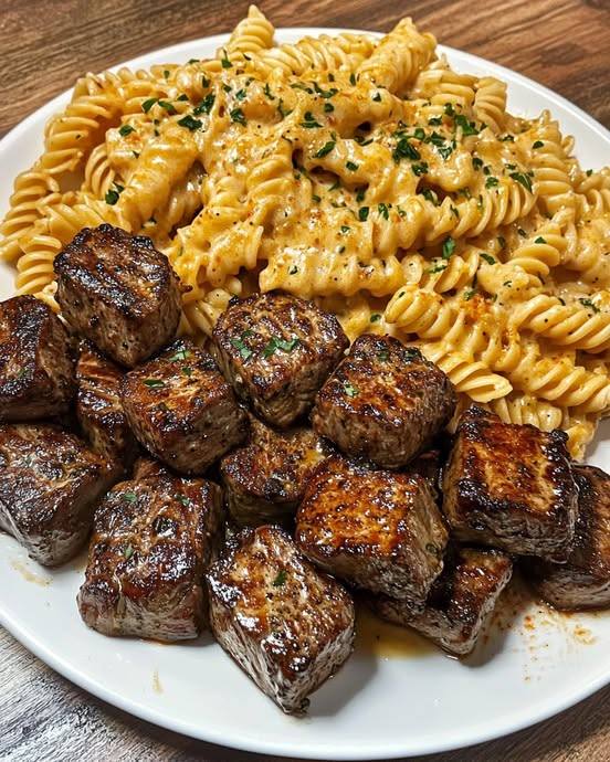 Garlic Butter Steak Bites & Spicy Cajun Alfredo Twisted Pasta