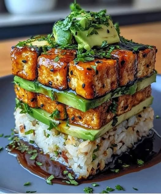 Crispy Teriyaki Tofu and Avocado Rice Stack