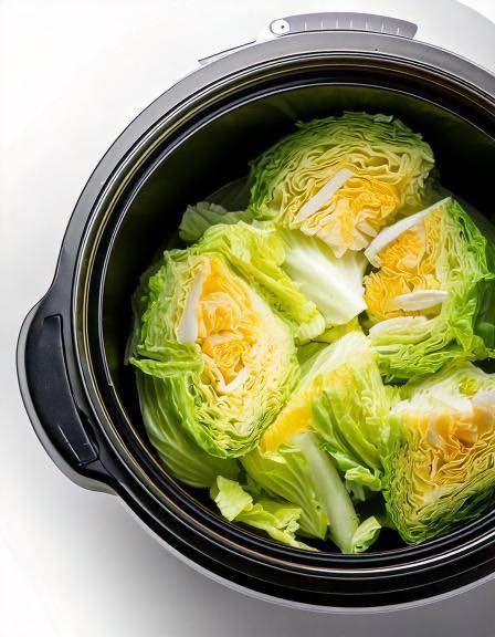 raw cabbage wedges in a slow cooker