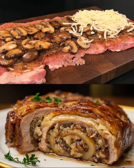 Baked Meat and Mushroom Casserole with Cheese and Bacon