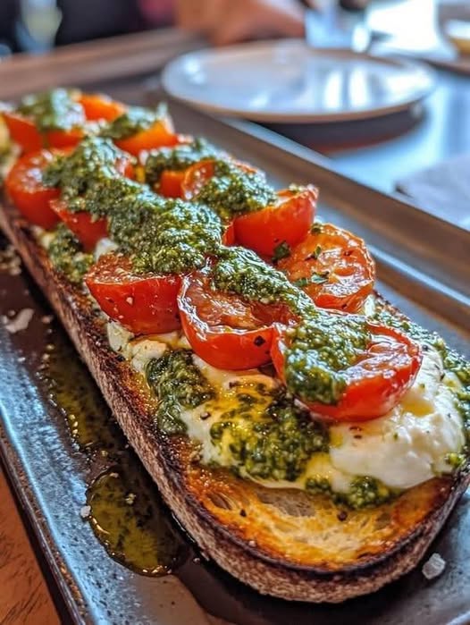 Bruschetta with Burrata, Pesto, and Roasted Tomatoes