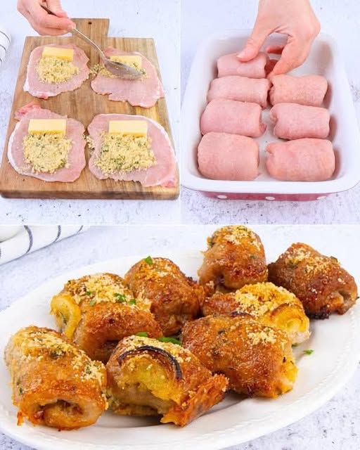Gratinated pork loin rolls