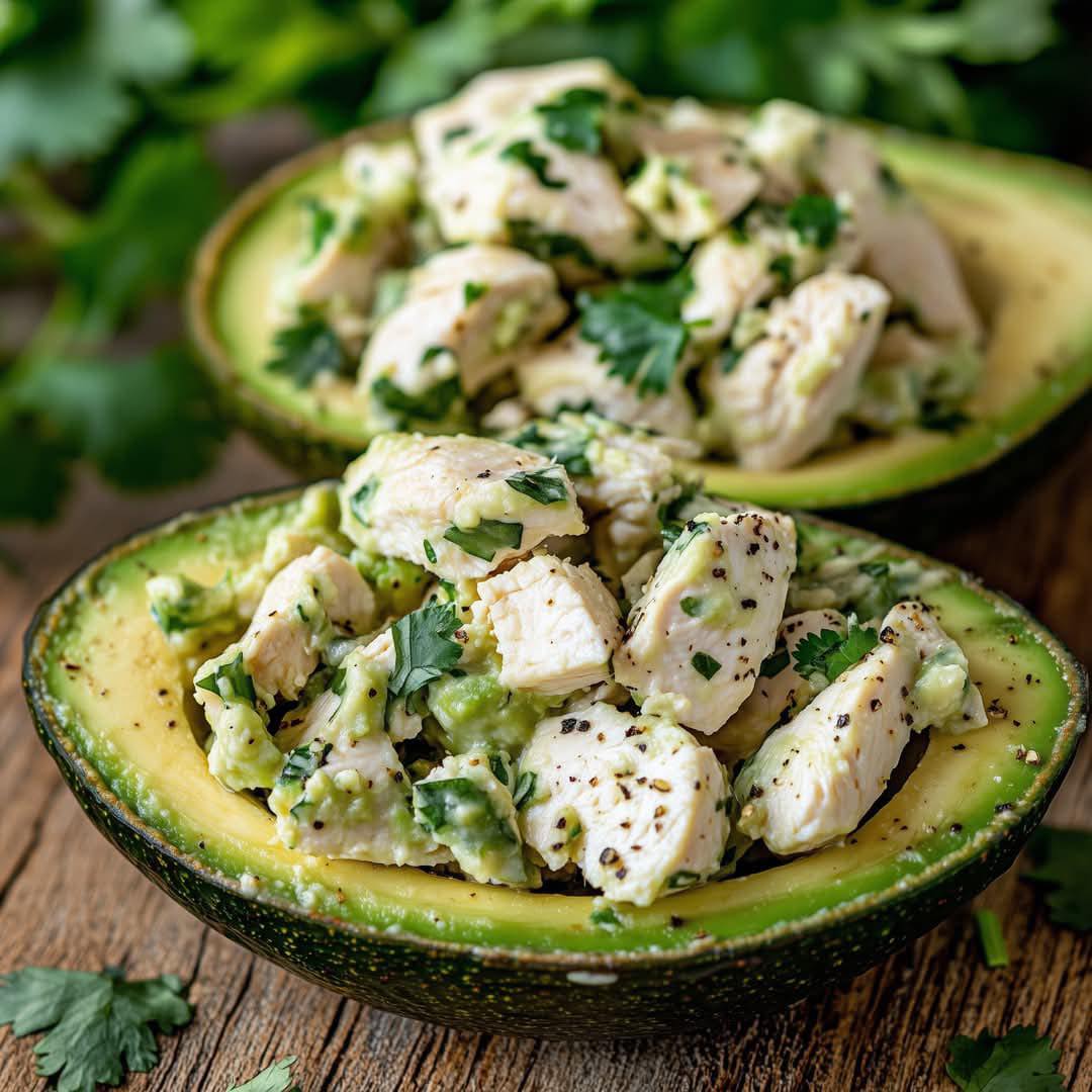 Cilantro chicken salad in avocado bowl