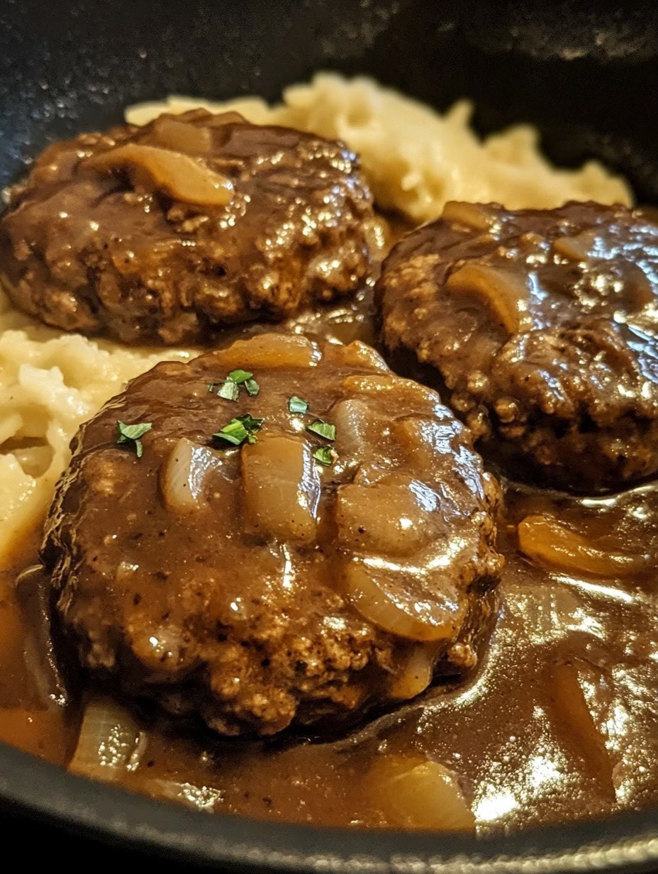 SALISBURY STEAK WITH MASHED POTATOES AND MUSHROOM GRAVY