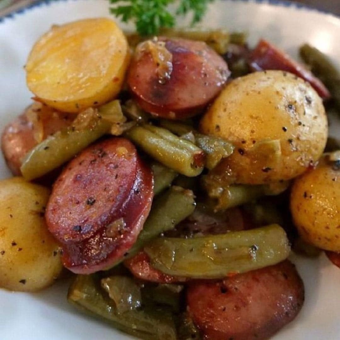 SAUSAGE GREEN BEAN POTATO CASSEROLE – OMG