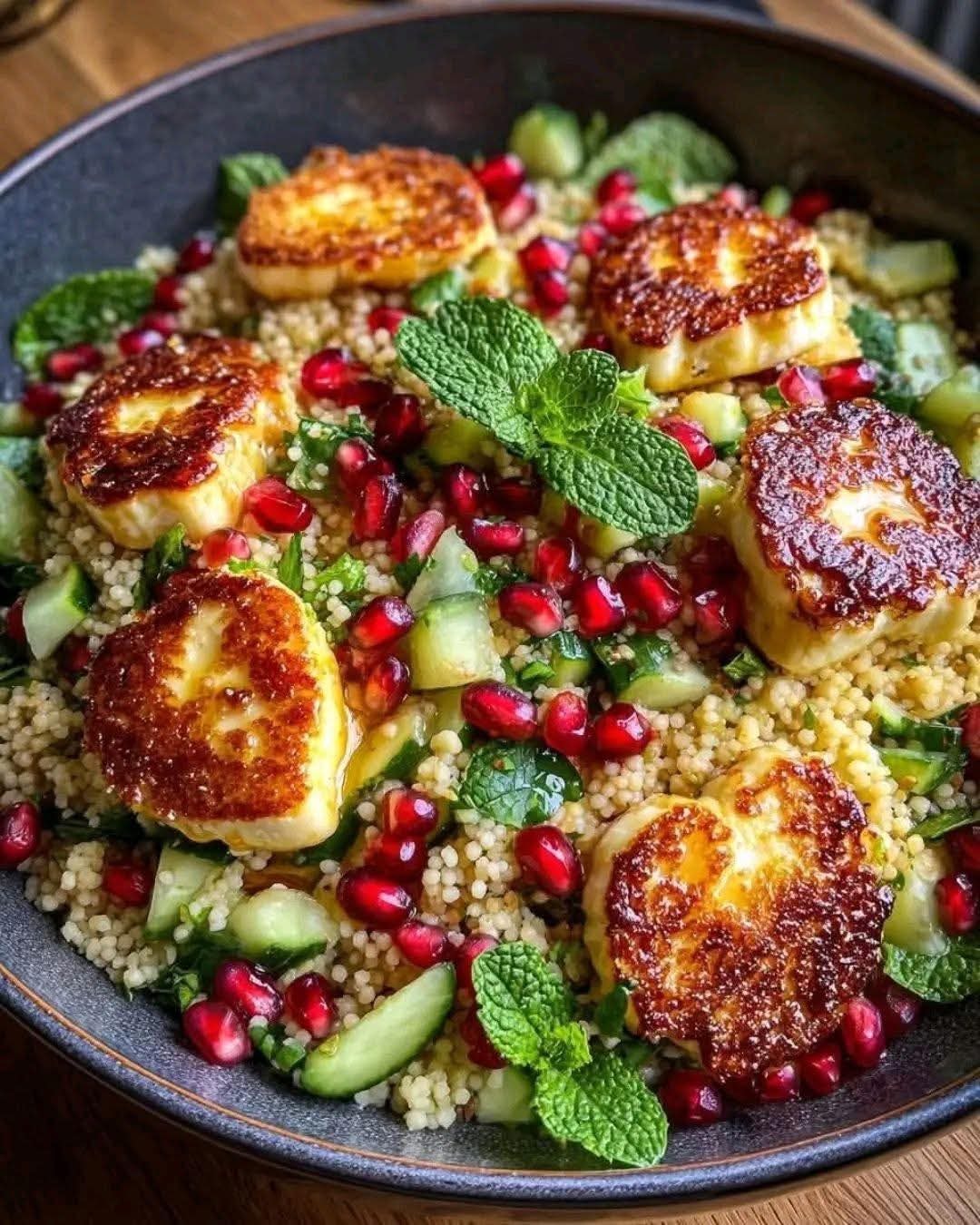 Halloumi & Pomegranate Couscous Salad with Mint-Lemon Dressing