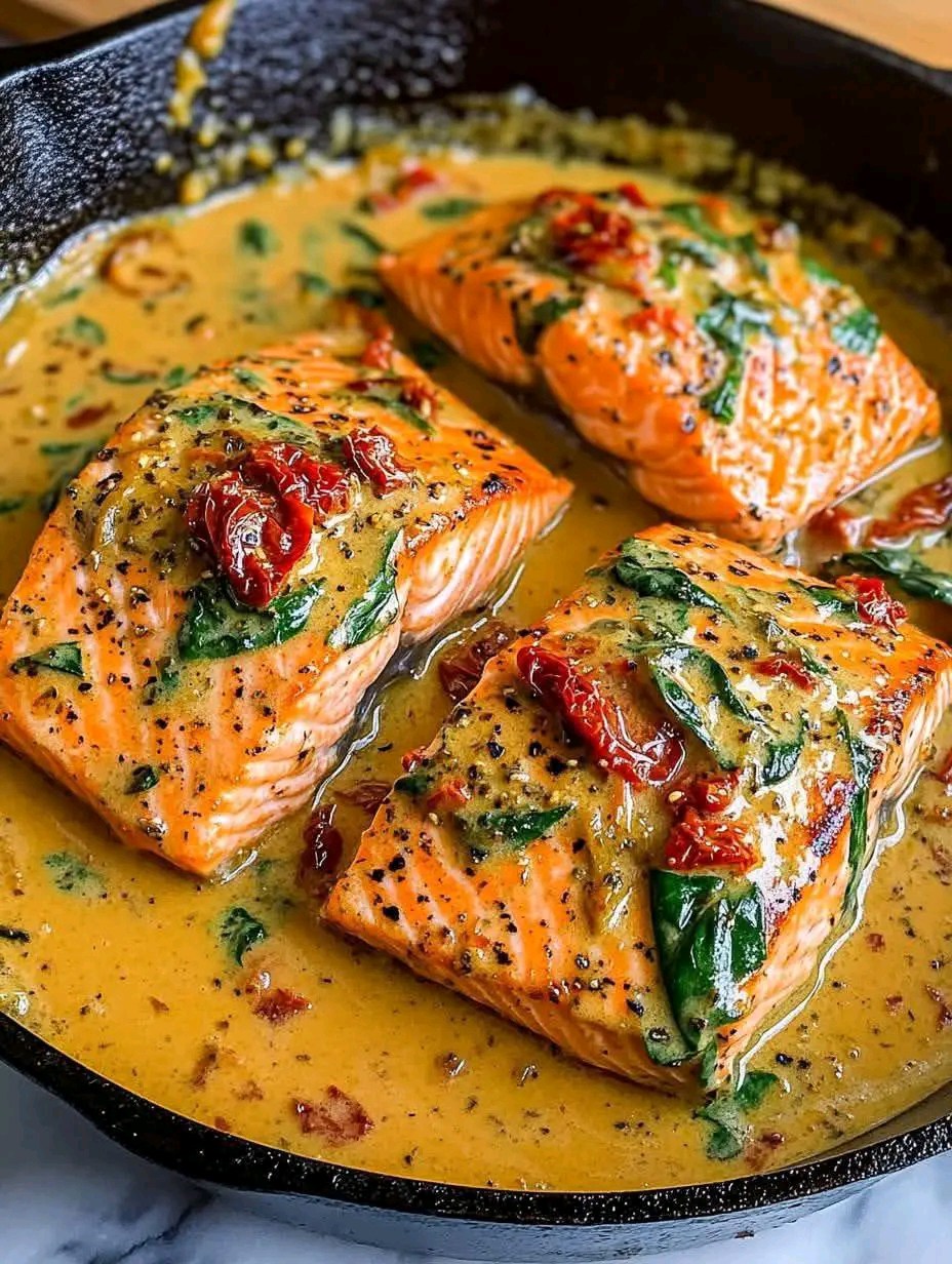 Creamy Tuscan Salmon with Garlic, Sun-Dried Tomatoes & Spinach