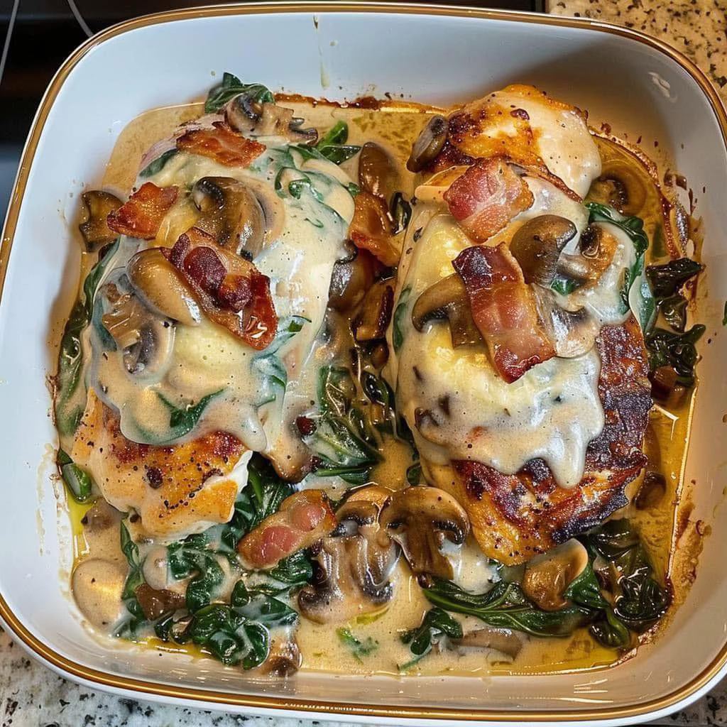 Smothered Chicken with Creamed Spinach, Bacon, Mushrooms