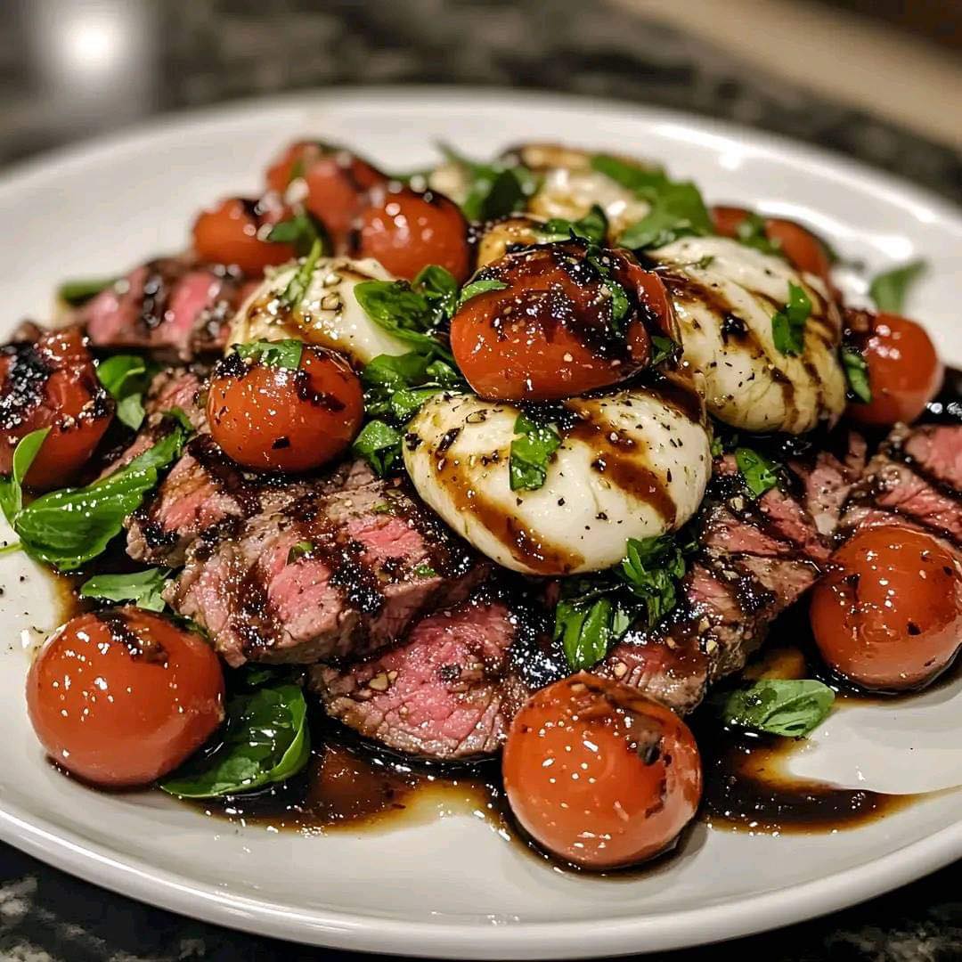 Grilled flank steak caprese with balsamic dressing