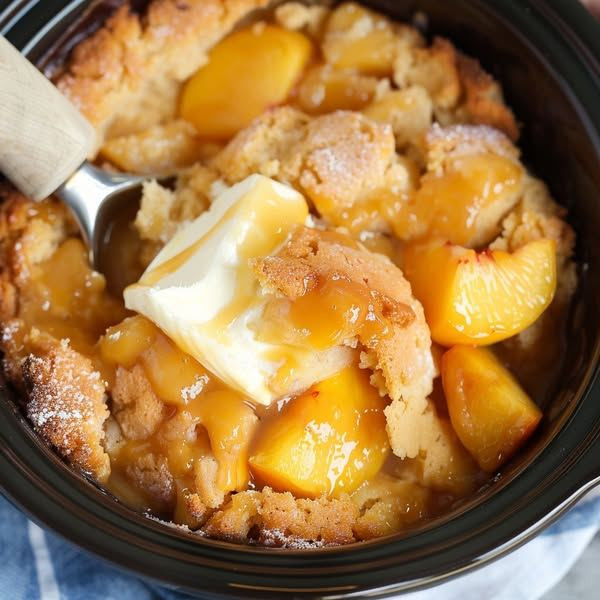 Pour a can of peaches into a slow cooker to create a timeless dessert that you’ll relish spooning into