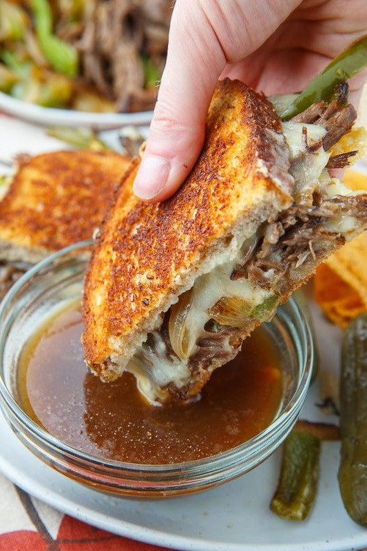 Slow Cooker Roast Beef Philly Cheesesteak French Dip Grilled Cheese Sandwich