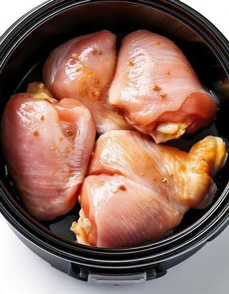 Put raw chicken thighs in a slow cooker with these 3 ingredients. The result is tender, sweet, and savory perfection..