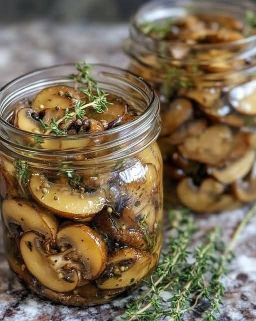 Marinated mushrooms with thyme and pepper are a delicious starter or side dish