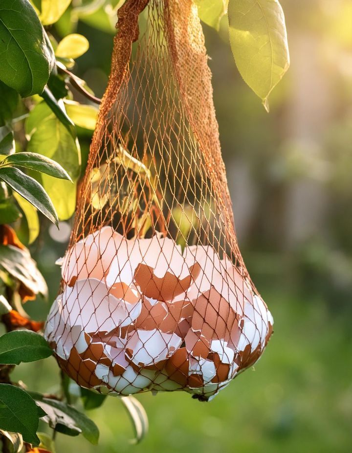 Here’s why you want to hang a mesh bag of eggshells in your garden.