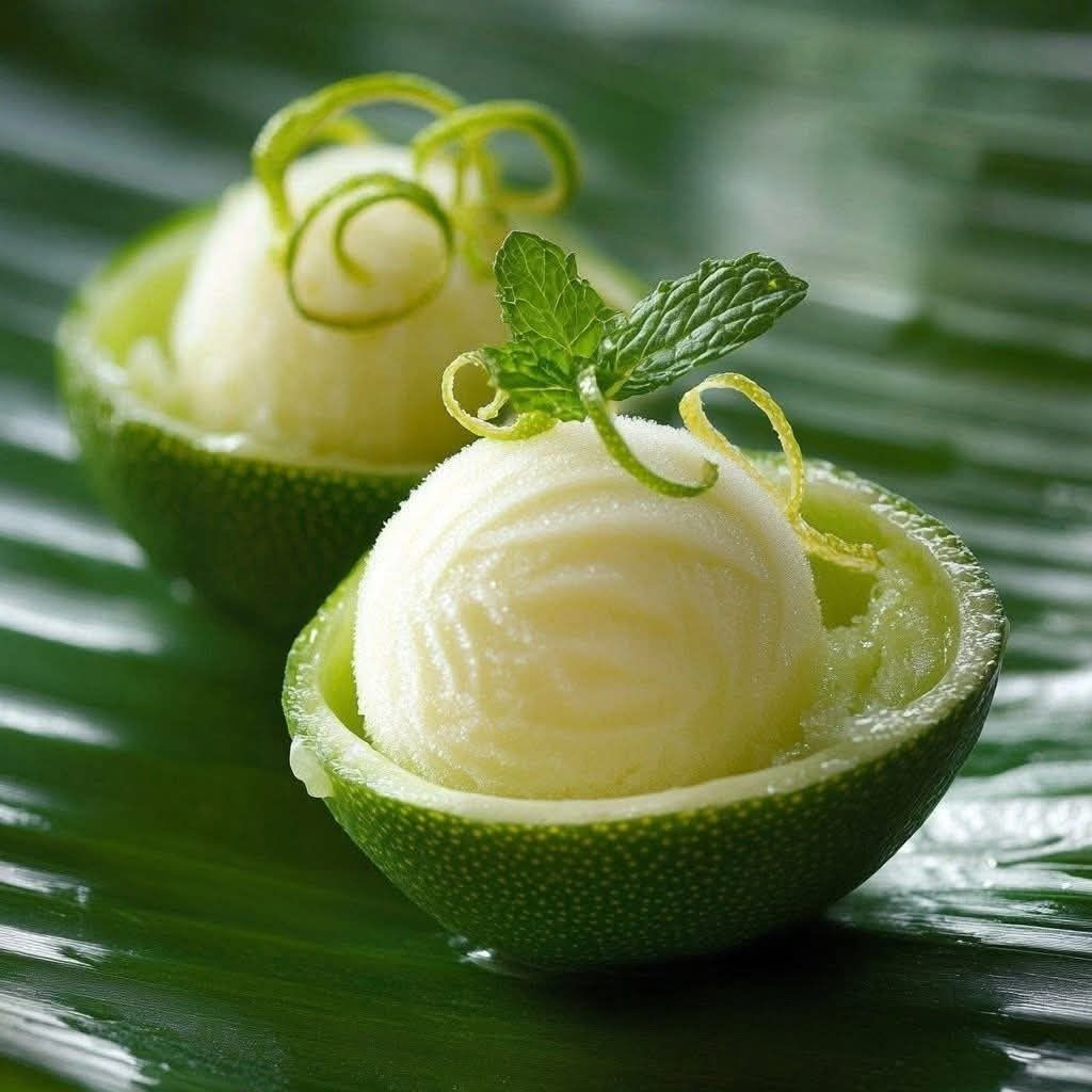 Lime and mint sorbet in frozen half-fruit