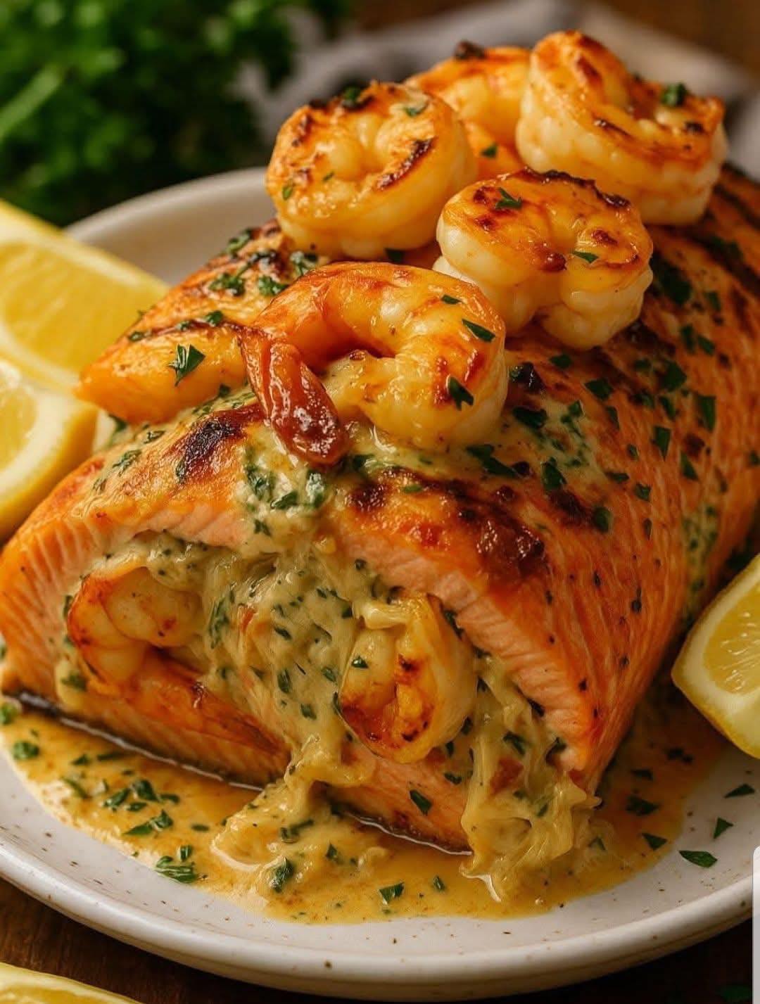 Stuffed Salmon with Shrimp & Crab Cream Filling