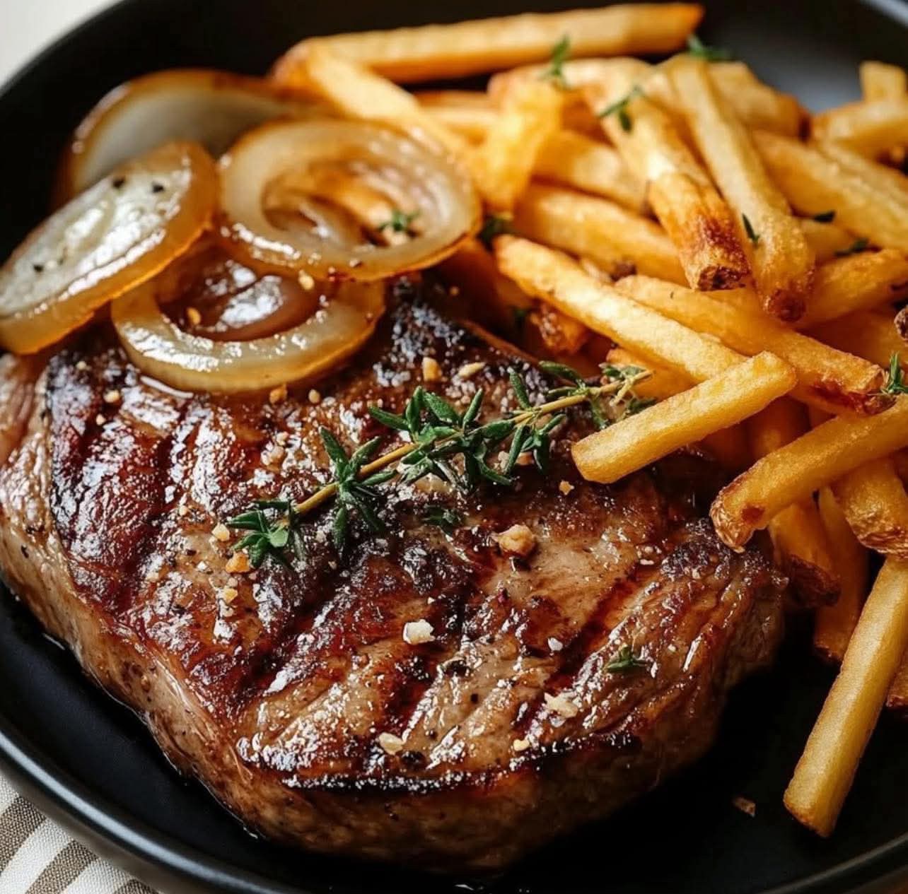 Perfect Ribeye Steak with Onions and Fries