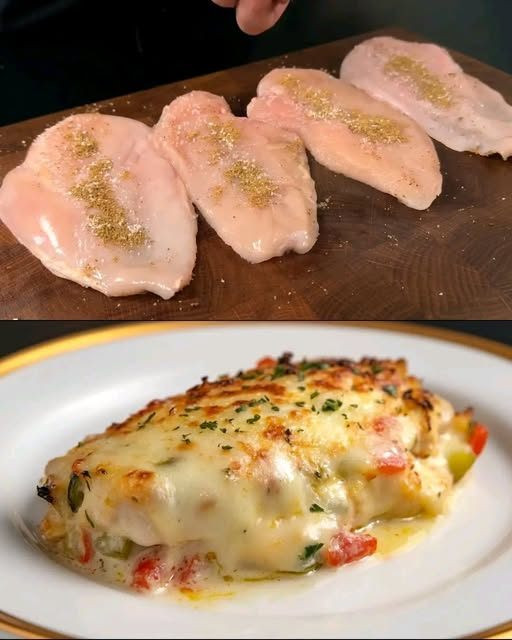 Creamy Baked Chicken with Vegetables and Mushroom Potato Garnish