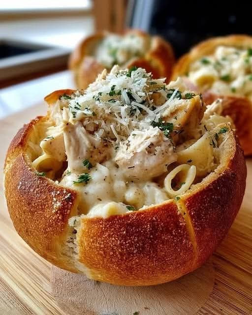 Chicken Alfredo Garlic Bread Bowls